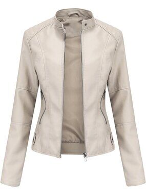 Women’s Cream Oversized Faux Leather Moto Biker Jacket Plus Size Motorcycle Coat